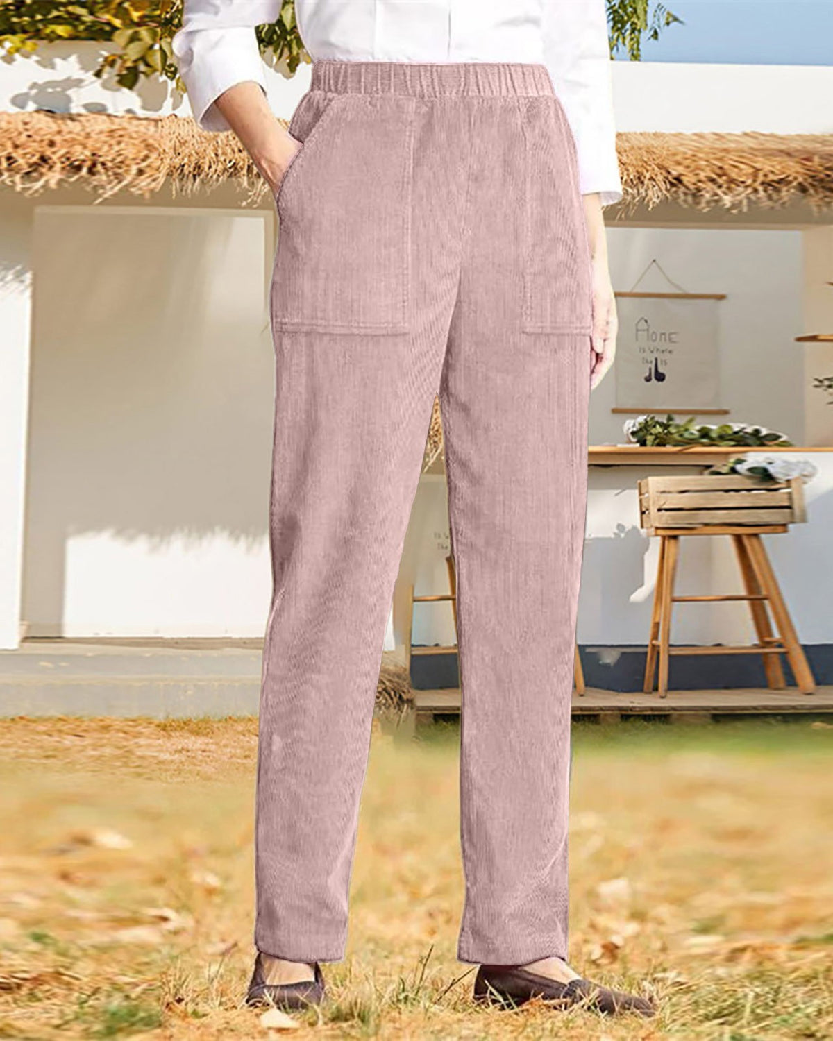 Elastic Waist Corduroy Straight Leg Trousers - Pink