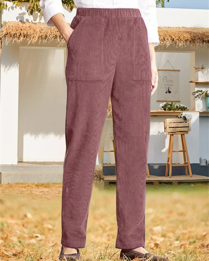 Elastic Waist Corduroy Straight Leg Trousers - Red