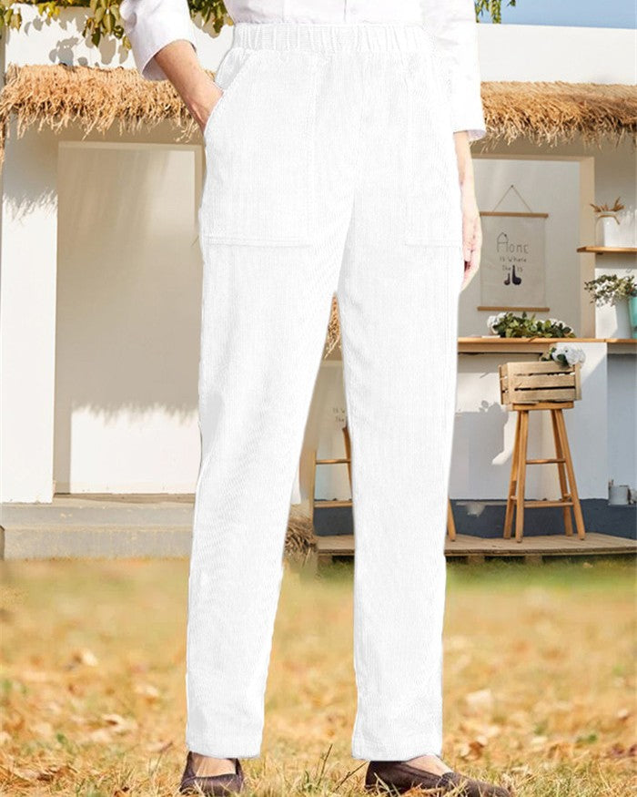 Elastic Waist Corduroy Straight Leg Trousers - White