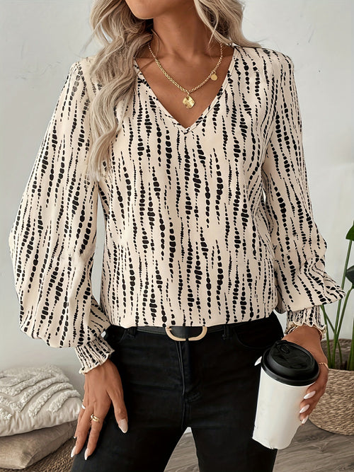 Abstract Dash Print V Neck Blouse - Apricot - 1
