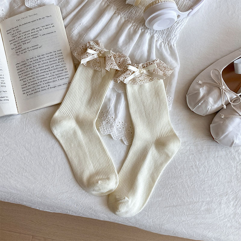 Lace Ruffle Cuff Crew Socks - Beige