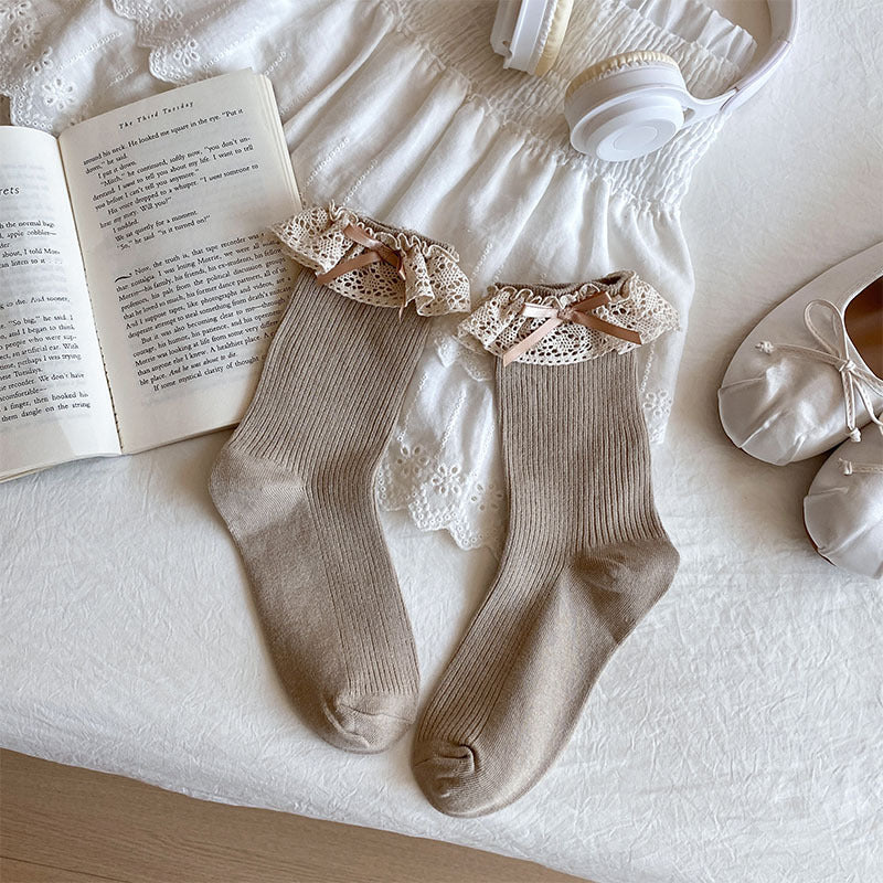 Lace Ruffle Cuff Crew Socks - Khaki