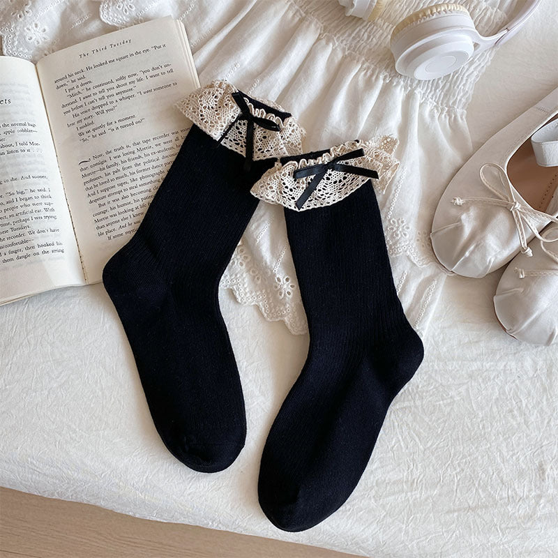 Lace Ruffle Cuff Crew Socks - black