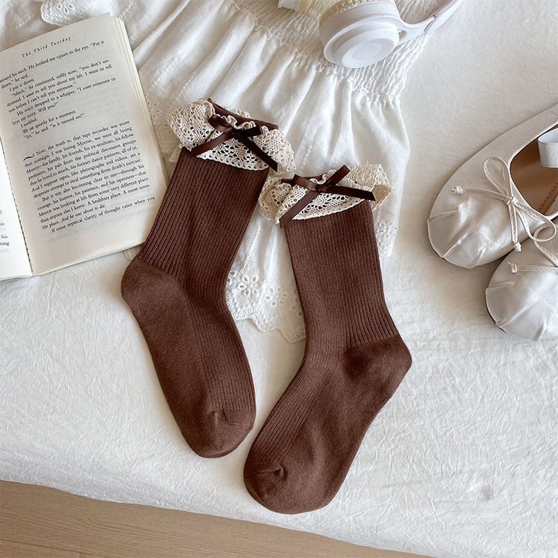 Lace Ruffle Cuff Crew Socks - coffee
