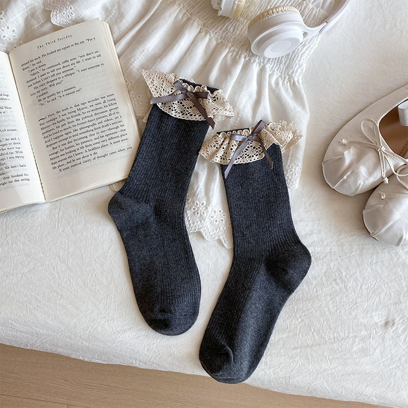 Lace Ruffle Cuff Crew Socks - grey