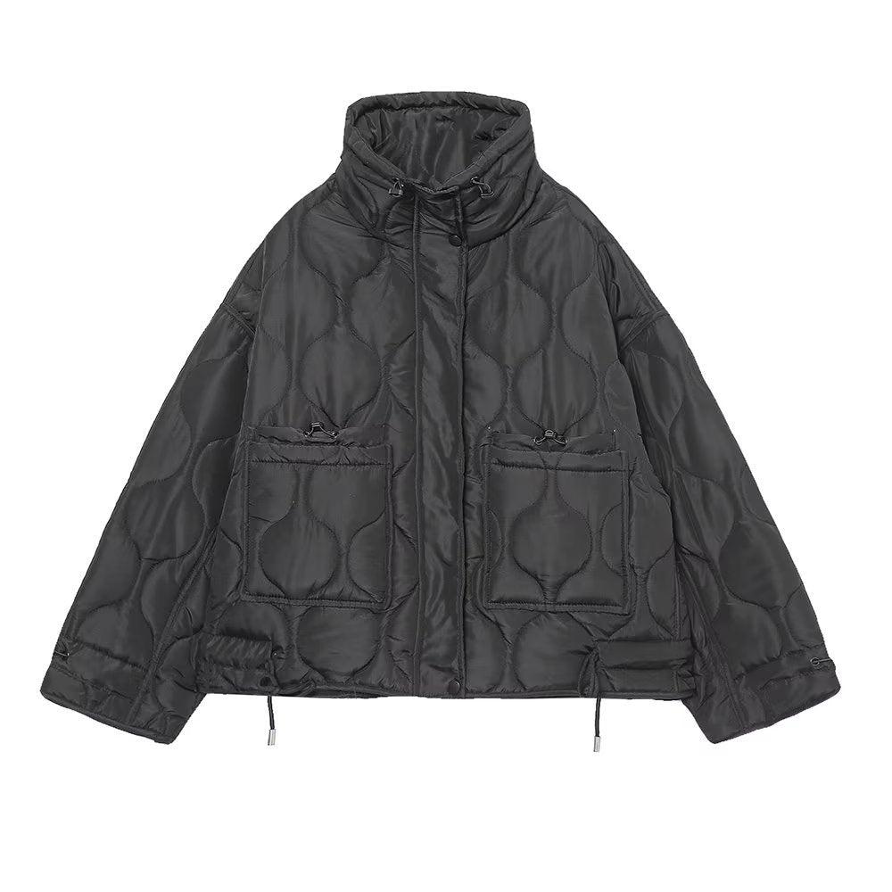 Wave Quilted Patch Pocket Stand Collar Coat - Black