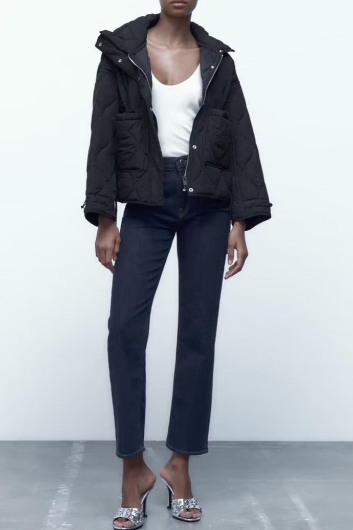 Wave Quilted Patch Pocket Stand Collar Coat - Black - 1