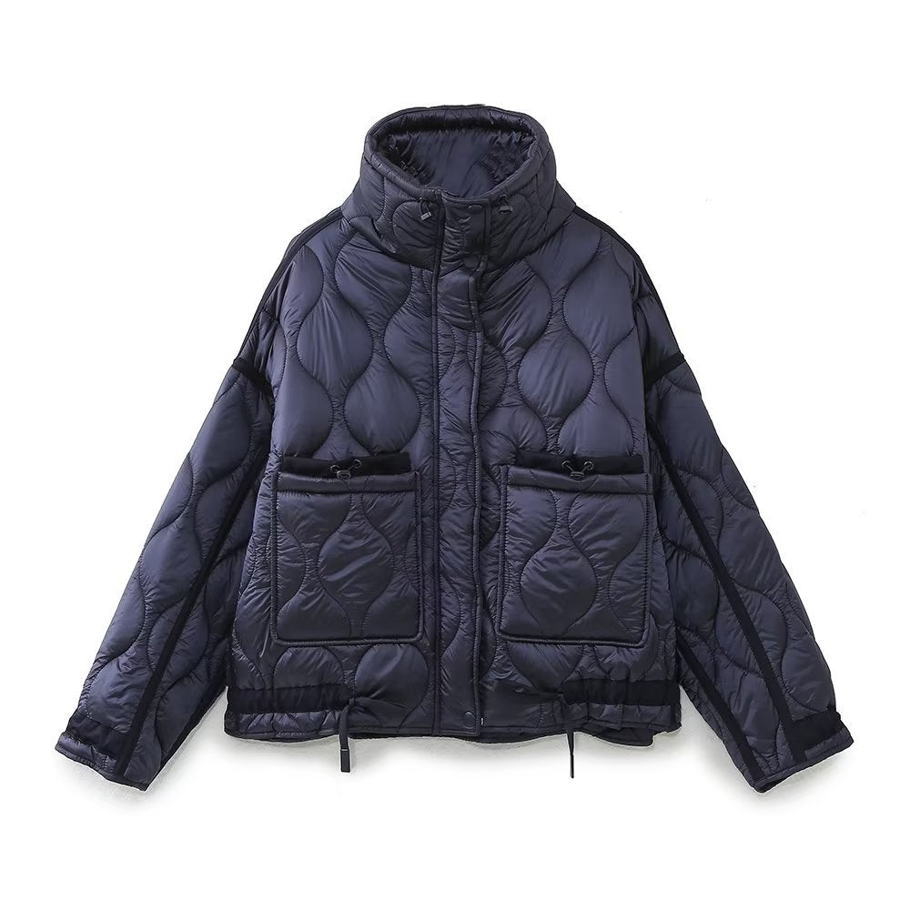 Wave Quilted Patch Pocket Stand Collar Coat - Navy
