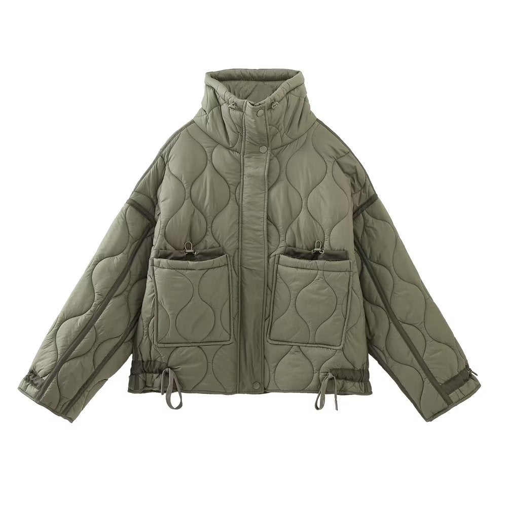 Wave Quilted Patch Pocket Stand Collar Coat - Olive