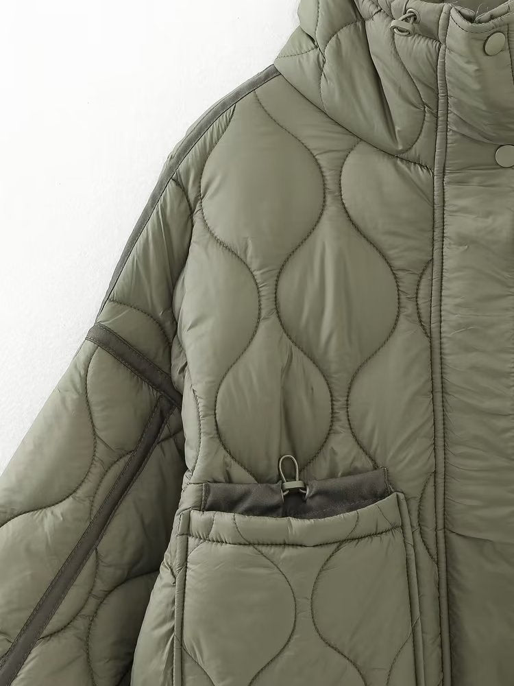 Wave Quilted Patch Pocket Stand Collar Coat - Olive - 1