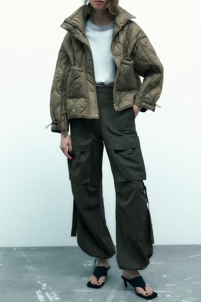 Wave Quilted Patch Pocket Stand Collar Coat - Olive - 2
