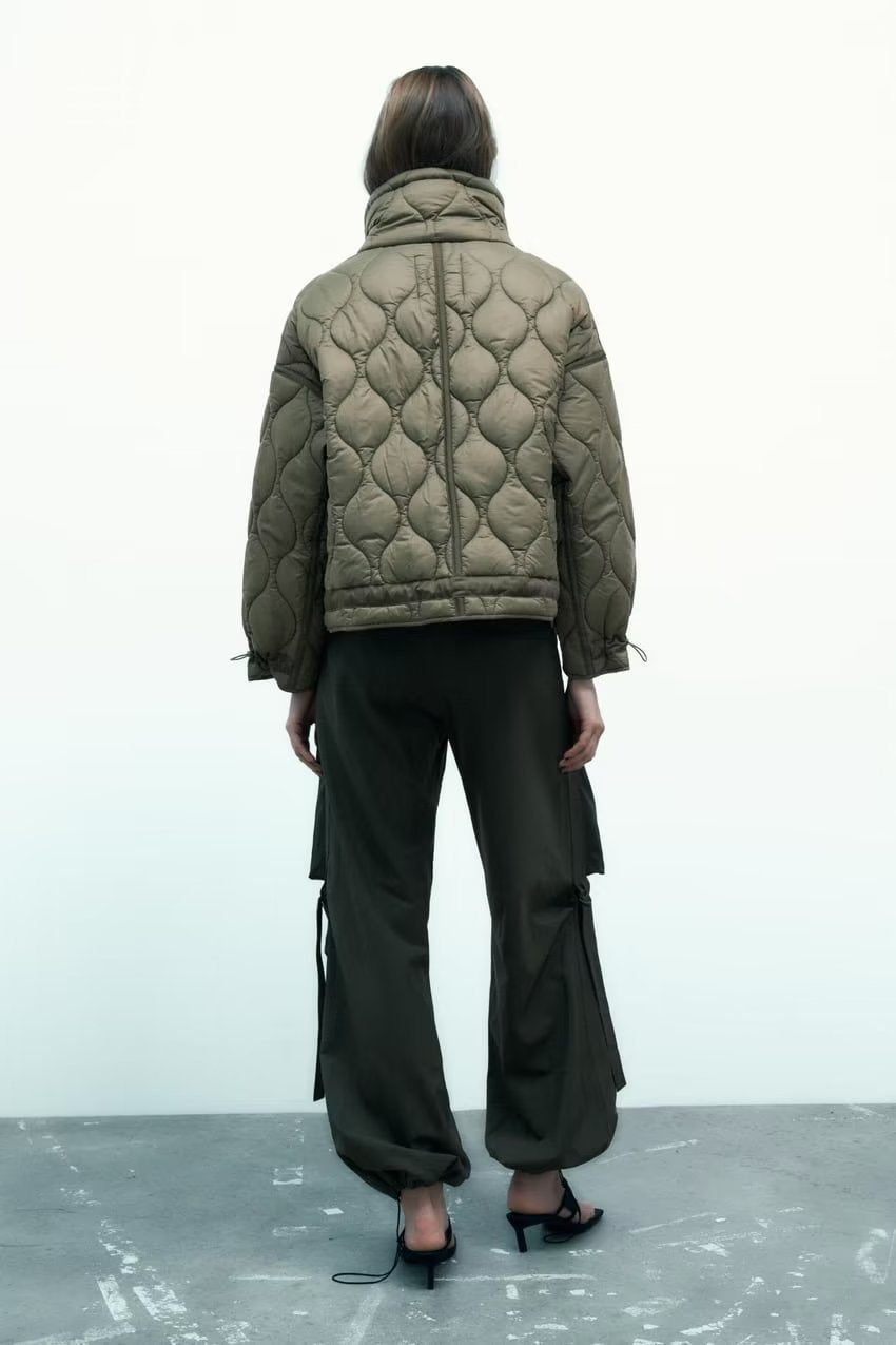 Wave Quilted Patch Pocket Stand Collar Coat - Olive - 3