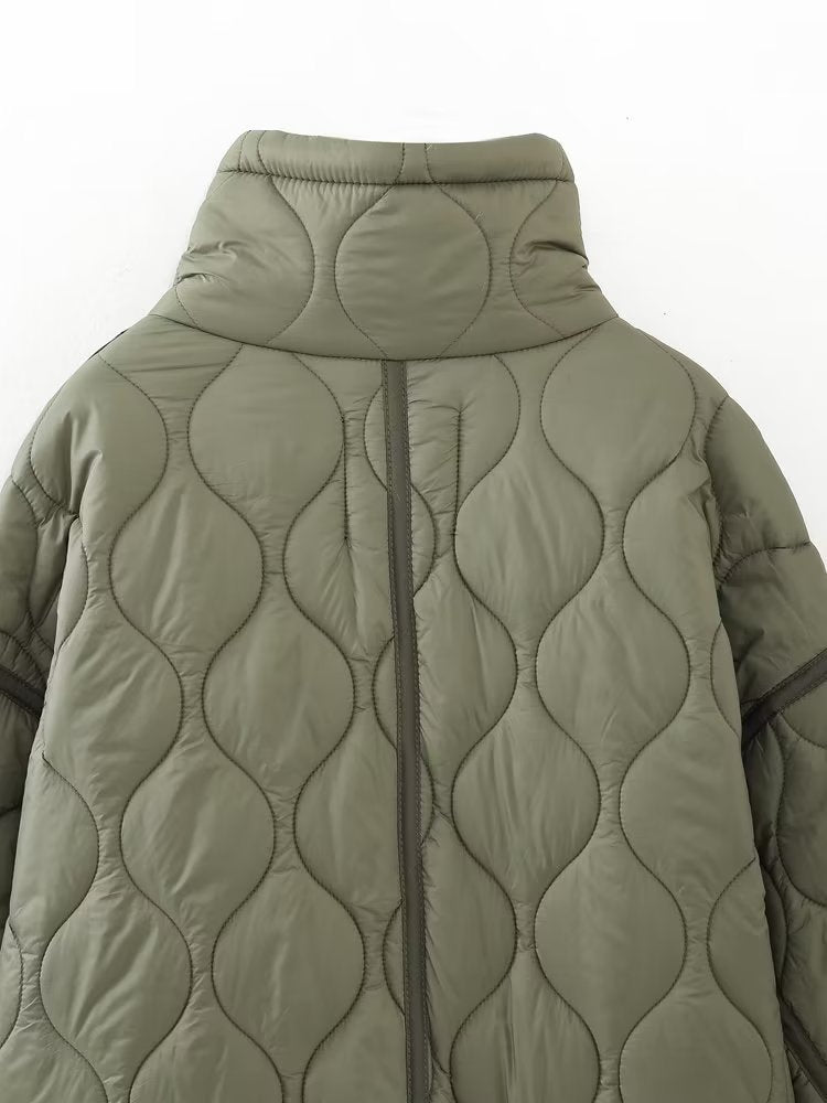 Wave Quilted Patch Pocket Stand Collar Coat - Olive - 4