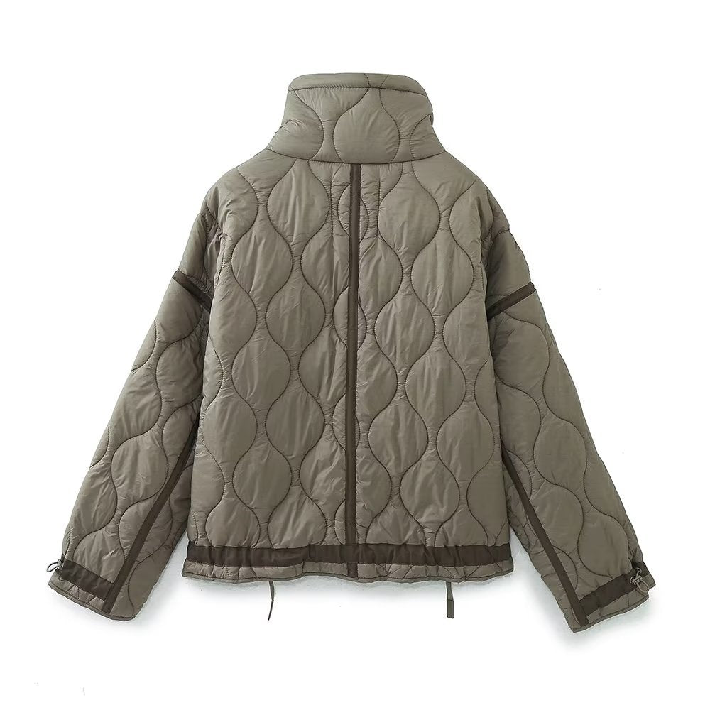 Wave Quilted Patch Pocket Stand Collar Coat - Olive - 5