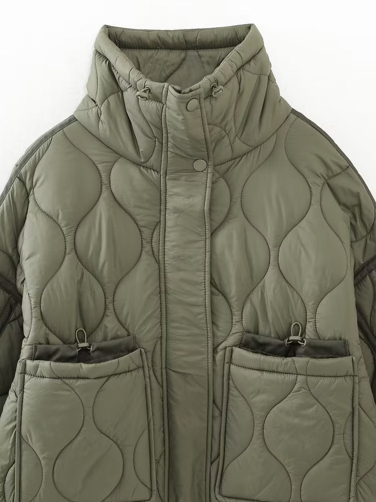 Wave Quilted Patch Pocket Stand Collar Coat - Olive - 6