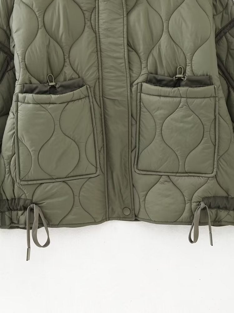 Wave Quilted Patch Pocket Stand Collar Coat - Olive - 7