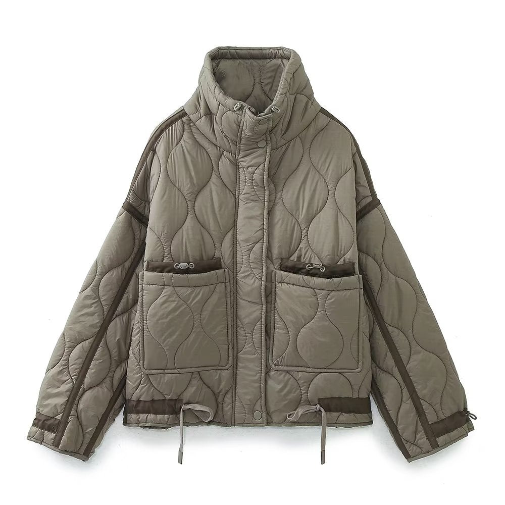 Wave Quilted Patch Pocket Stand Collar Coat - Sea Turtle