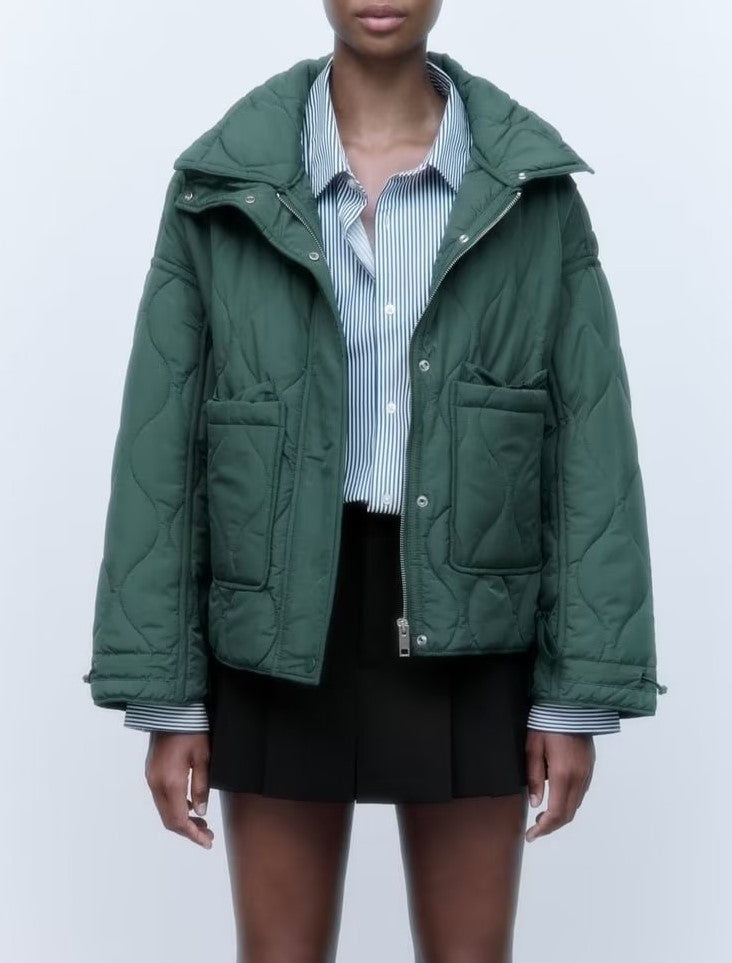 Wave Quilted Patch Pocket Stand Collar Coat - Teal