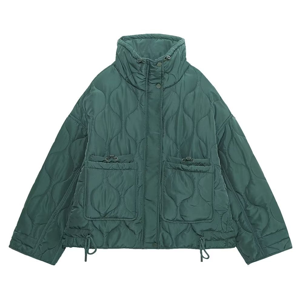 Wave Quilted Patch Pocket Stand Collar Coat - Teal - 1
