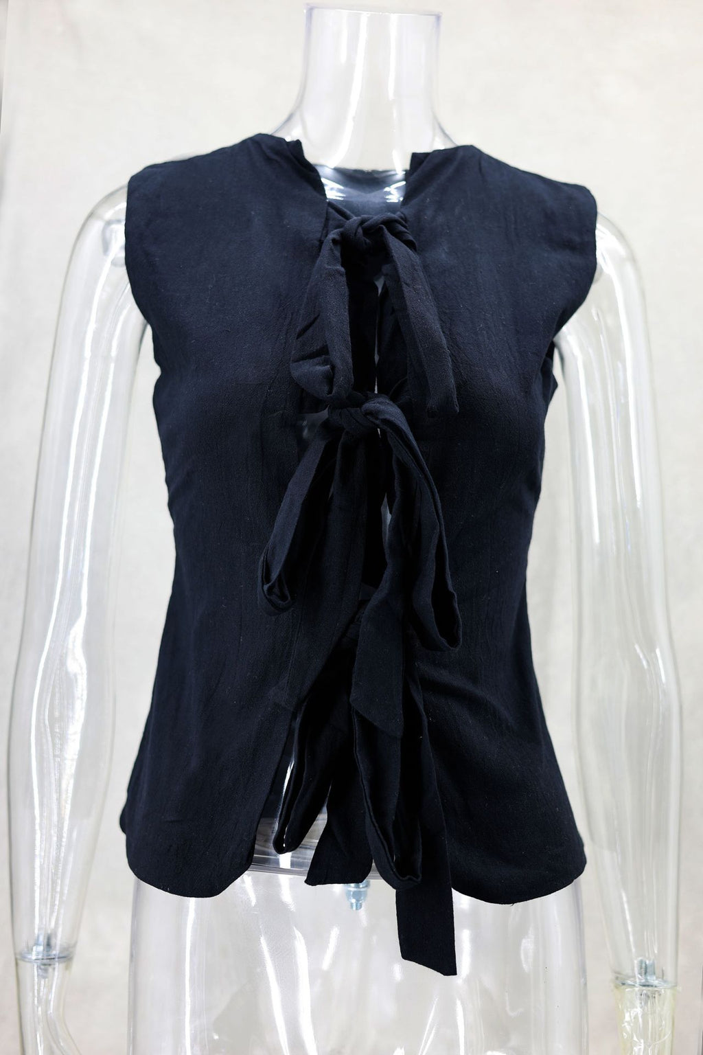 Ribbon Tie Front Sleeveless Blouse - black