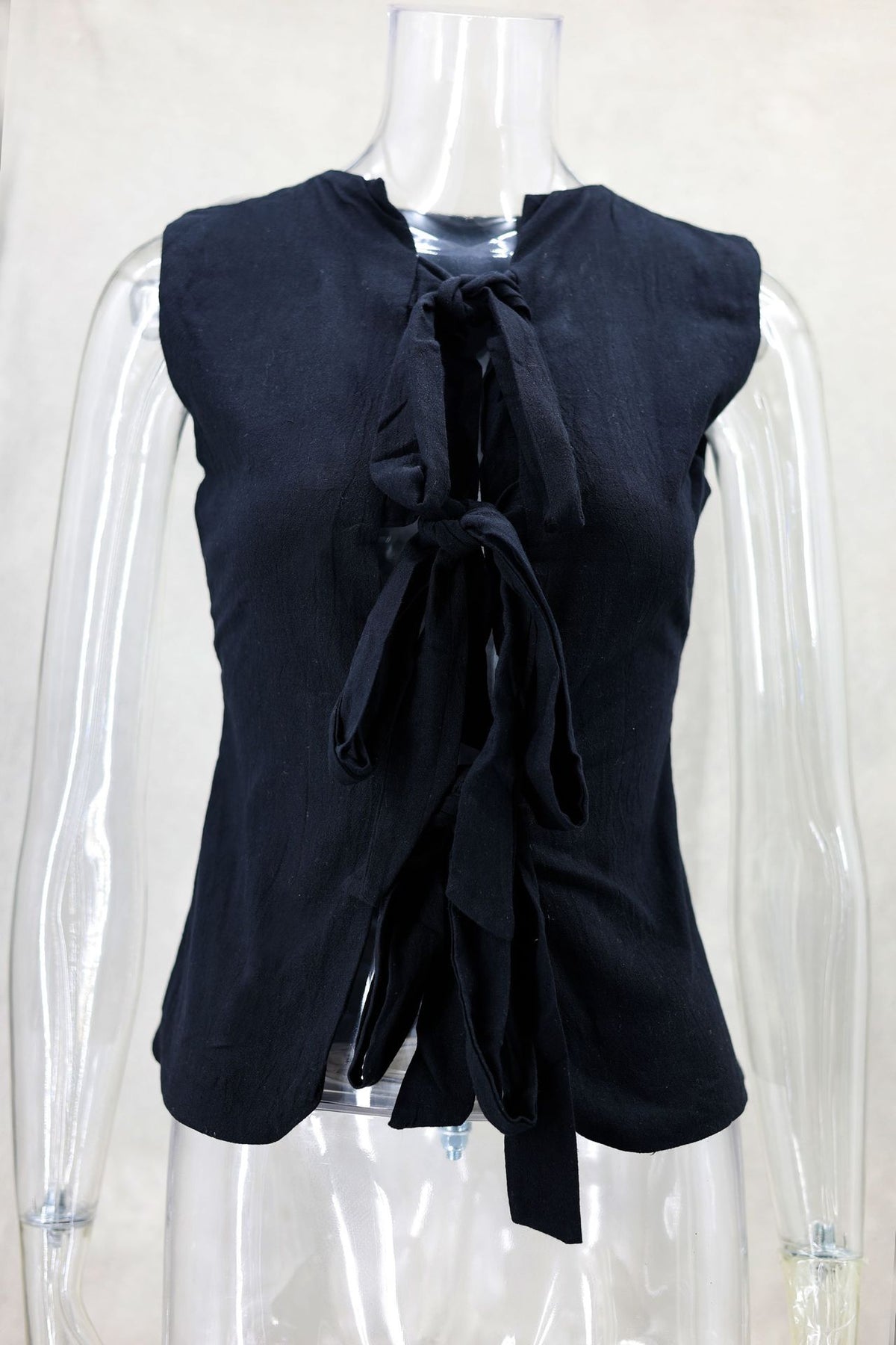 Ribbon Tie Front Sleeveless Blouse - black
