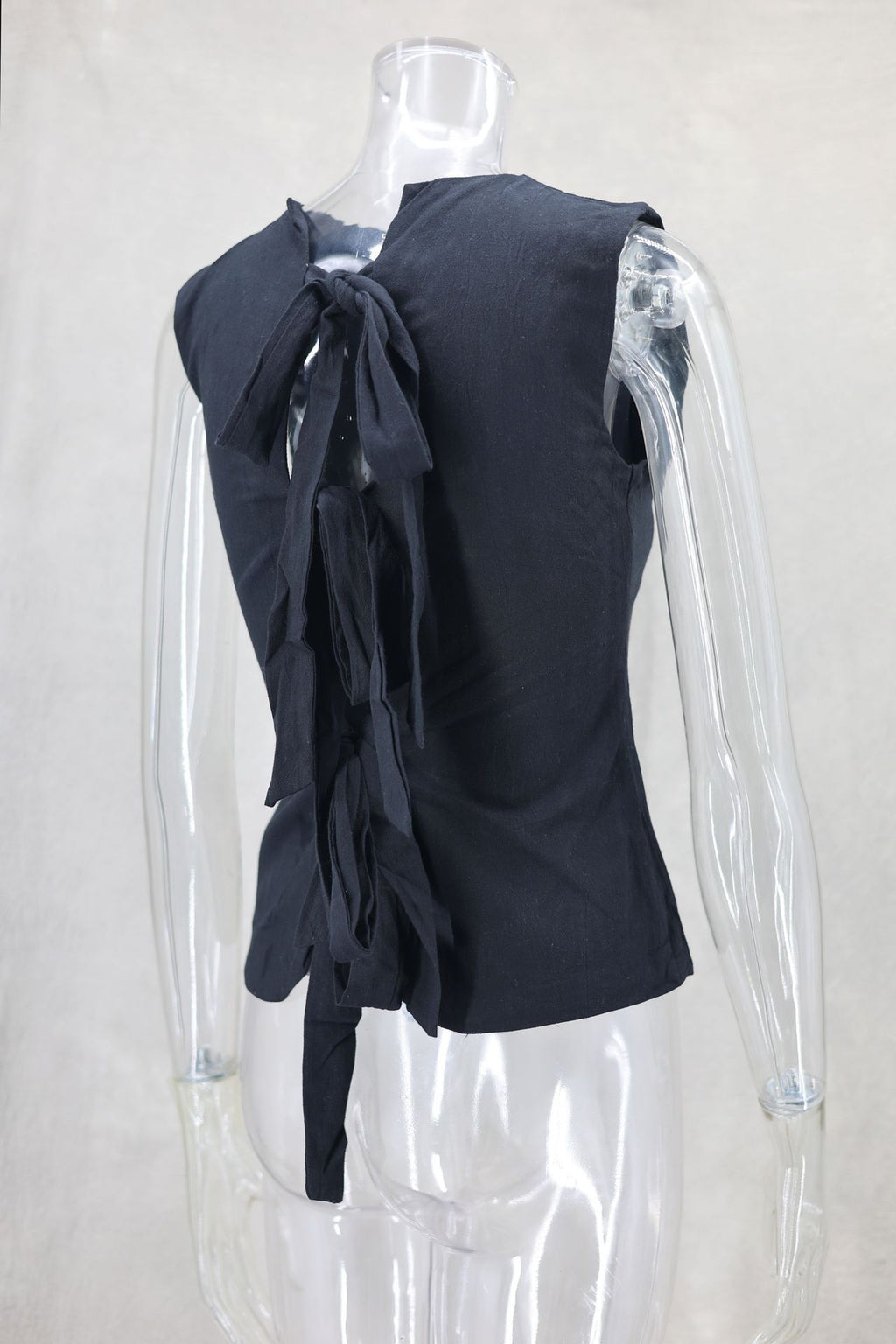 Ribbon Tie Front Sleeveless Blouse - black - 2