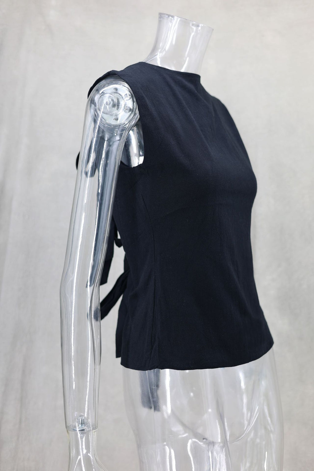 Ribbon Tie Front Sleeveless Blouse - black - 3