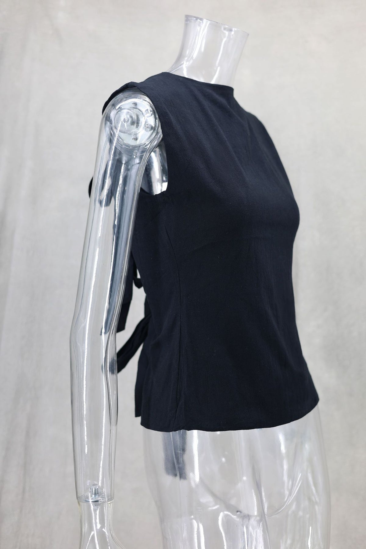 Ribbon Tie Front Sleeveless Blouse - black - 3