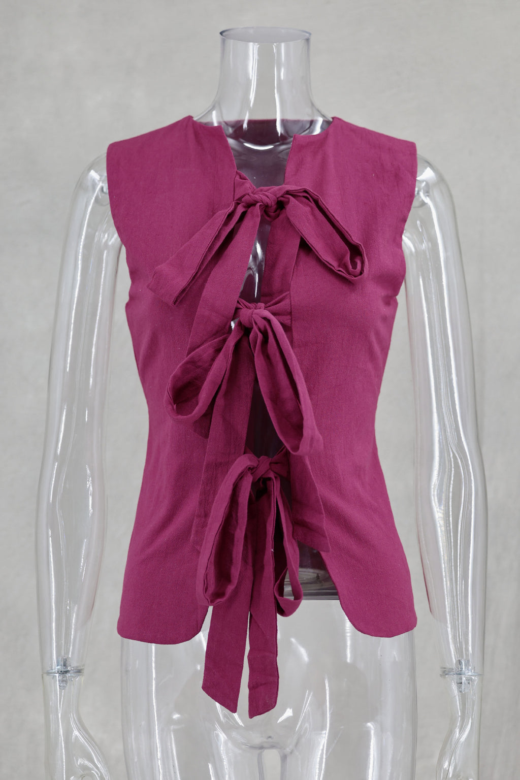 Ribbon Tie Front Sleeveless Blouse - plum