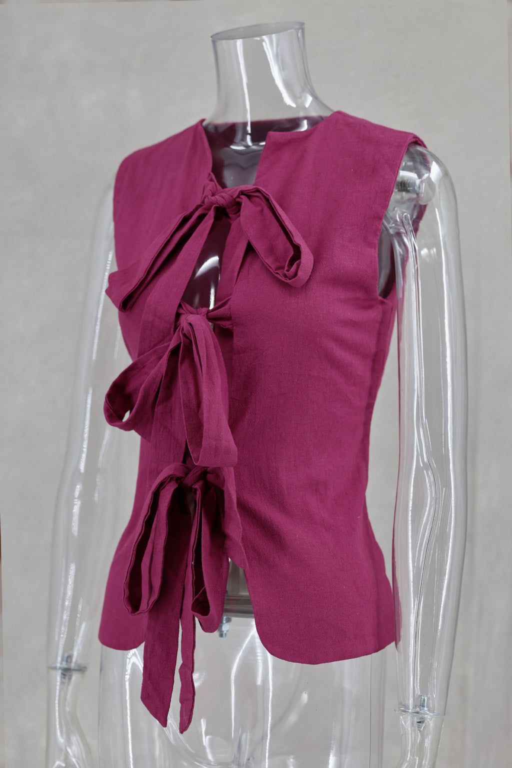 Ribbon Tie Front Sleeveless Blouse - plum - 1