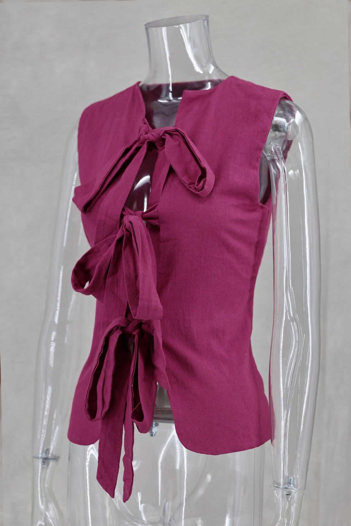 Ribbon Tie Front Sleeveless Blouse - plum - 1