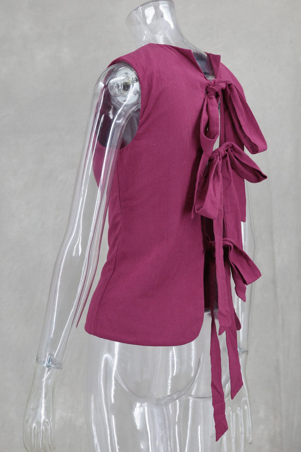Ribbon Tie Front Sleeveless Blouse - plum - 3