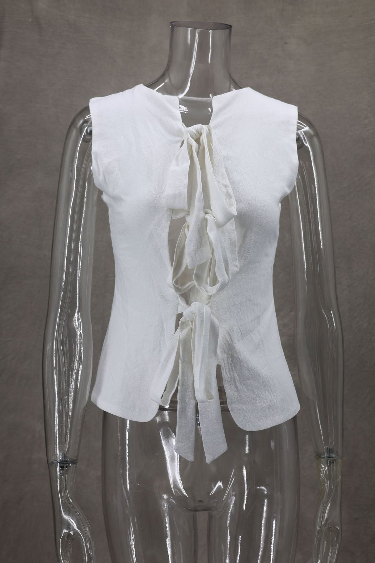 Ribbon Tie Front Sleeveless Blouse - white - 1