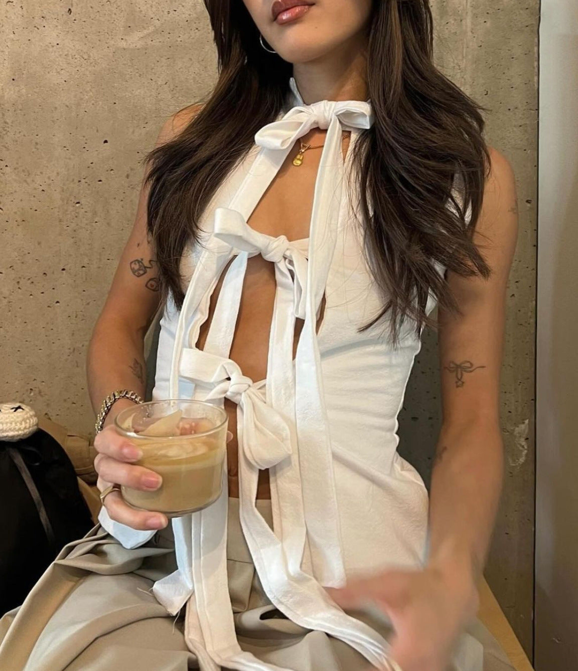 Ribbon Tie Front Sleeveless Blouse - white - 11