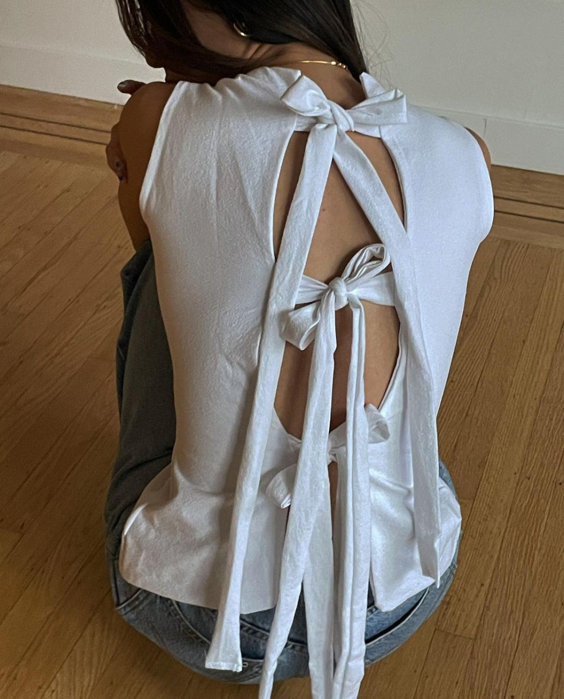 Ribbon Tie Front Sleeveless Blouse - white - 6