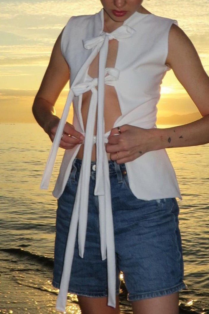 Ribbon Tie Front Sleeveless Blouse - white - 7