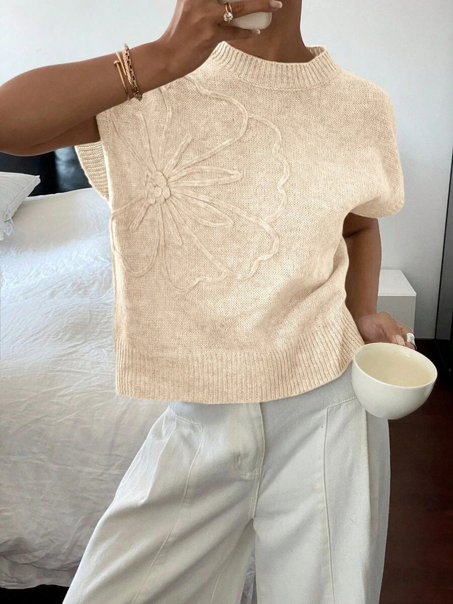 Floral Embossed Cap Sleeve Knit Sweater - Beige