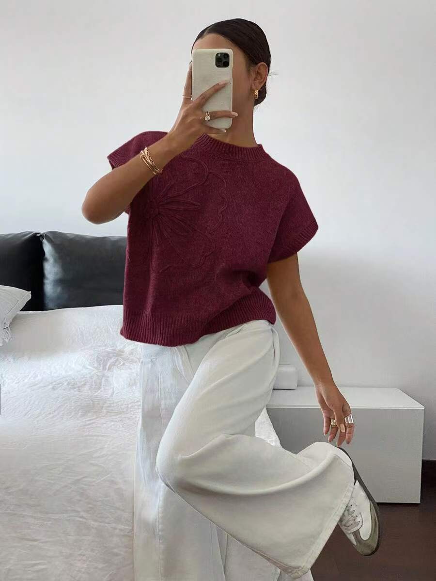 Floral Embossed Cap Sleeve Knit Sweater - Burgundy