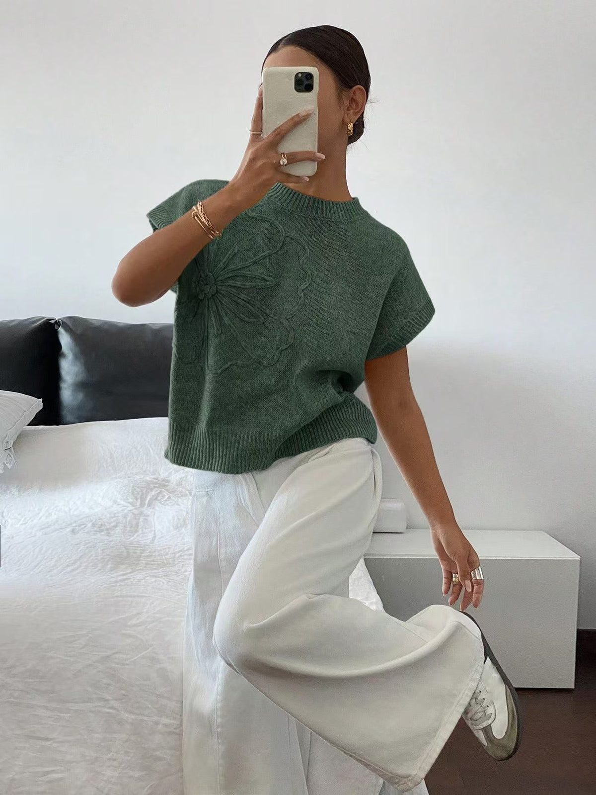Floral Embossed Cap Sleeve Knit Sweater - Forest