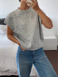 Floral Embossed Cap Sleeve Knit Sweater - Grey