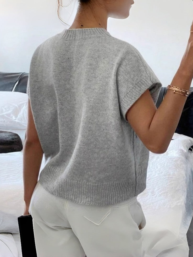 Floral Embossed Cap Sleeve Knit Sweater - Grey - 1