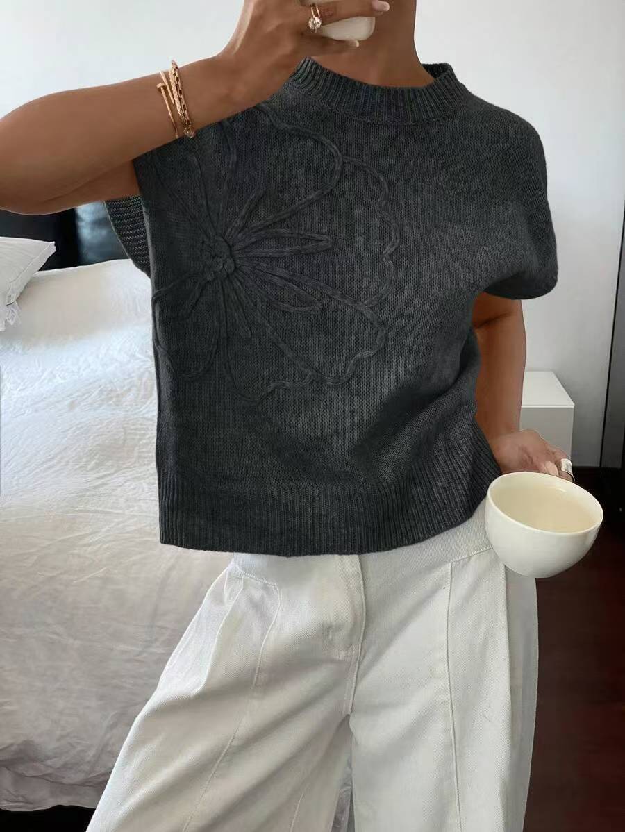 Floral Embossed Cap Sleeve Knit Sweater - charcoal