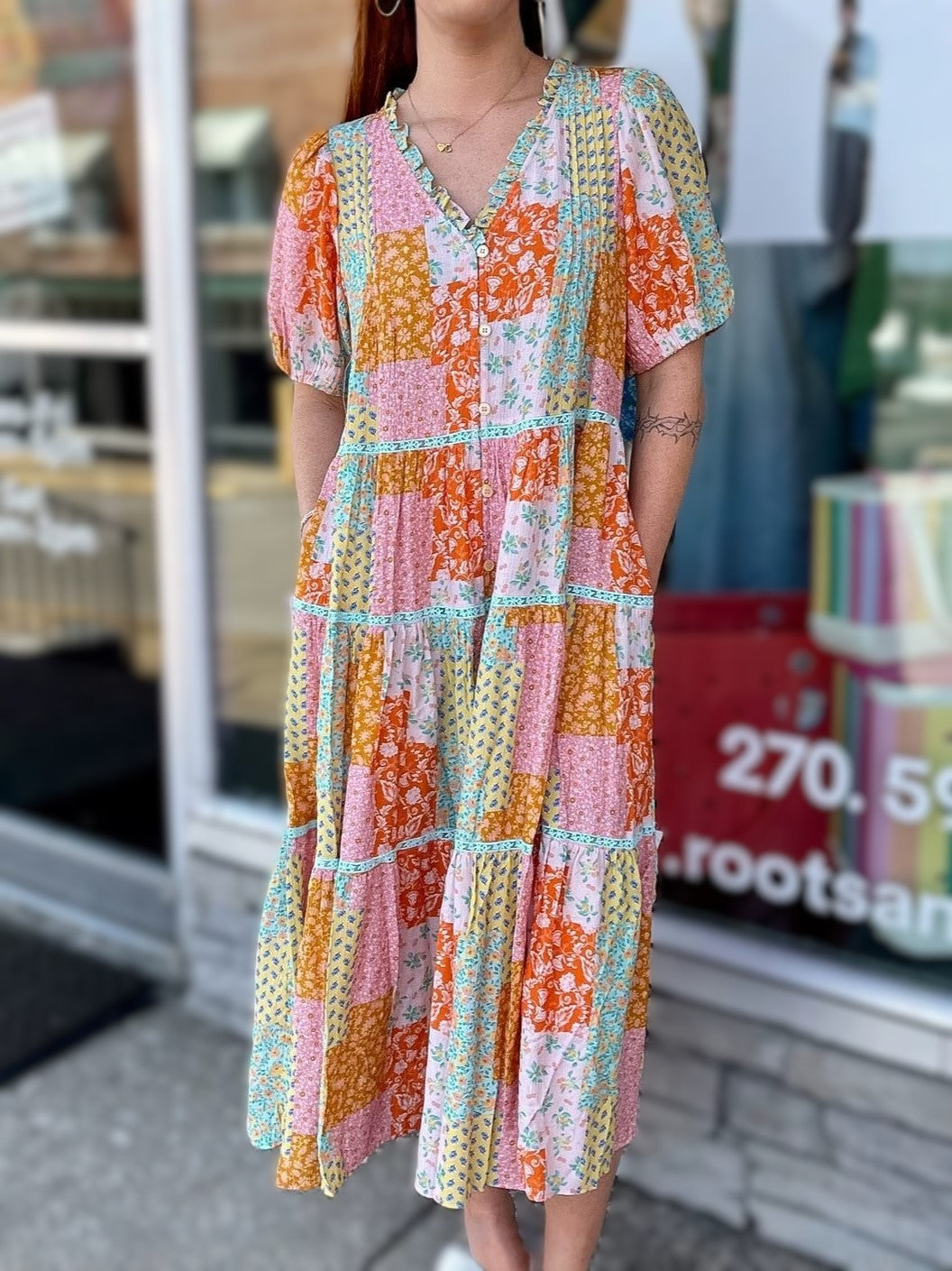 Tiered Patchwork Print Short Sleeve Dress - Floral