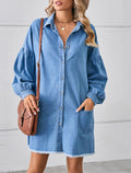 Oversized Patch Pocket Denim Shirt Dress - Blue