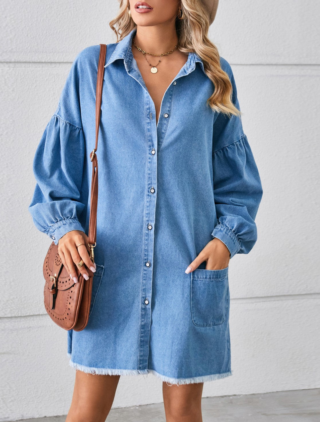 Oversized Patch Pocket Denim Shirt Dress - Blue