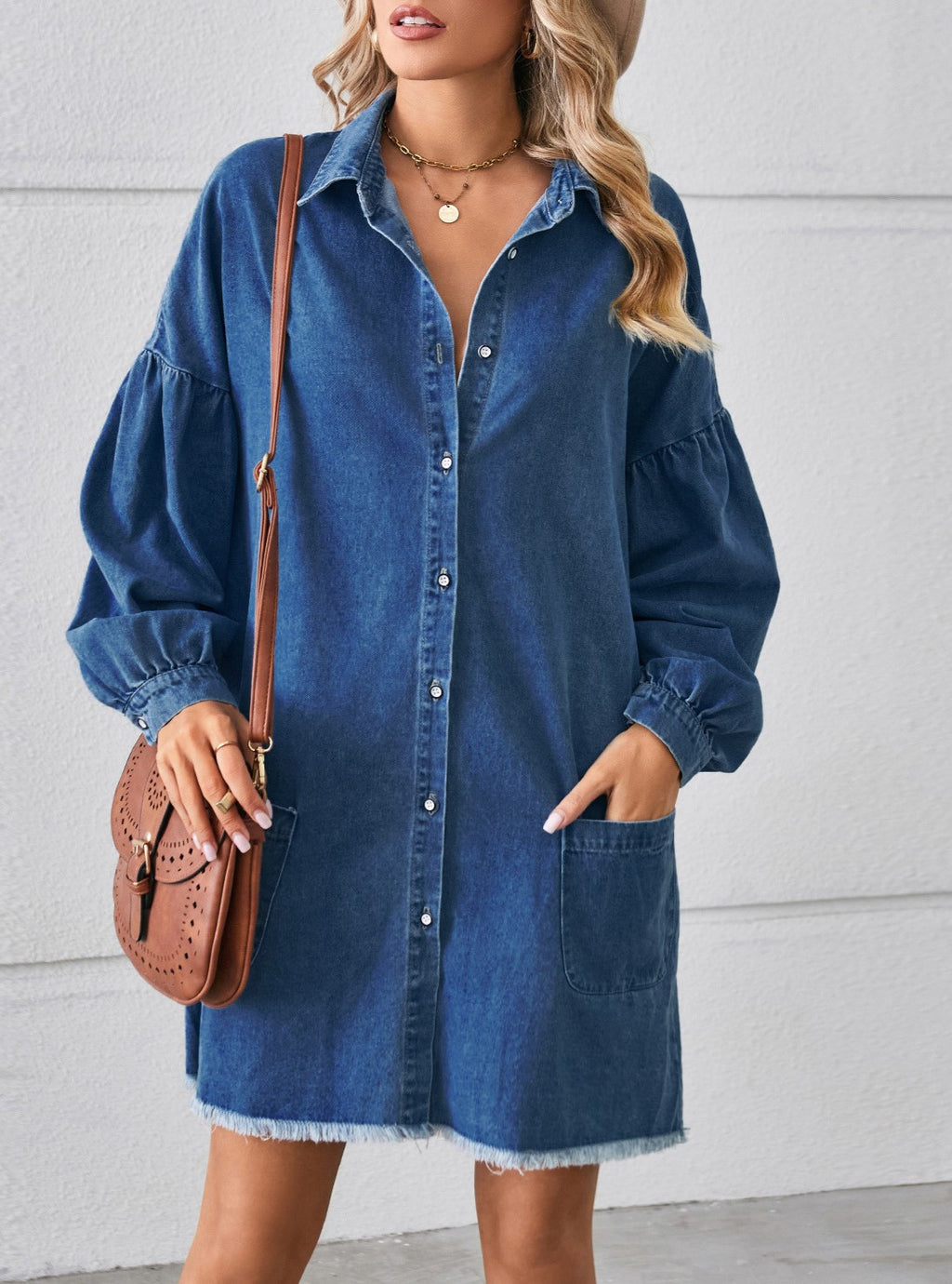 Oversized Patch Pocket Denim Shirt Dress - DarkBlue