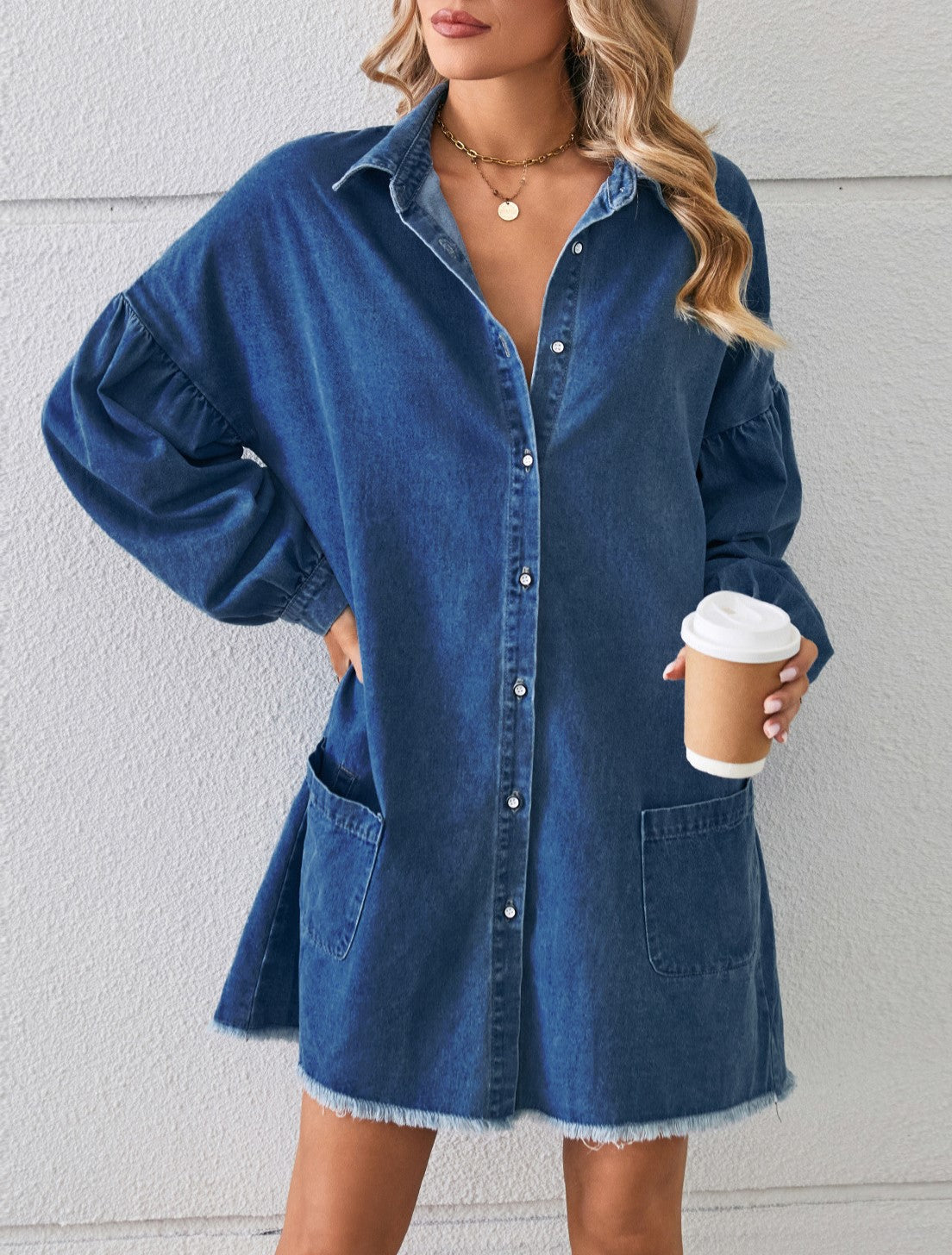 Oversized Patch Pocket Denim Shirt Dress - DarkBlue - 1