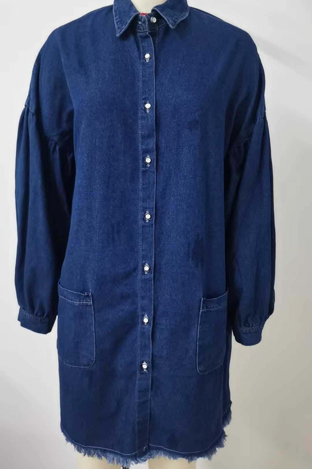 Oversized Patch Pocket Denim Shirt Dress - DarkBlue - 2