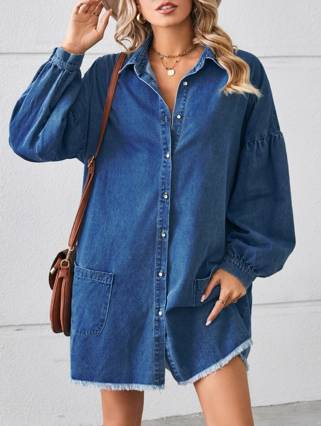 Oversized Patch Pocket Denim Shirt Dress - DarkBlue - 3
