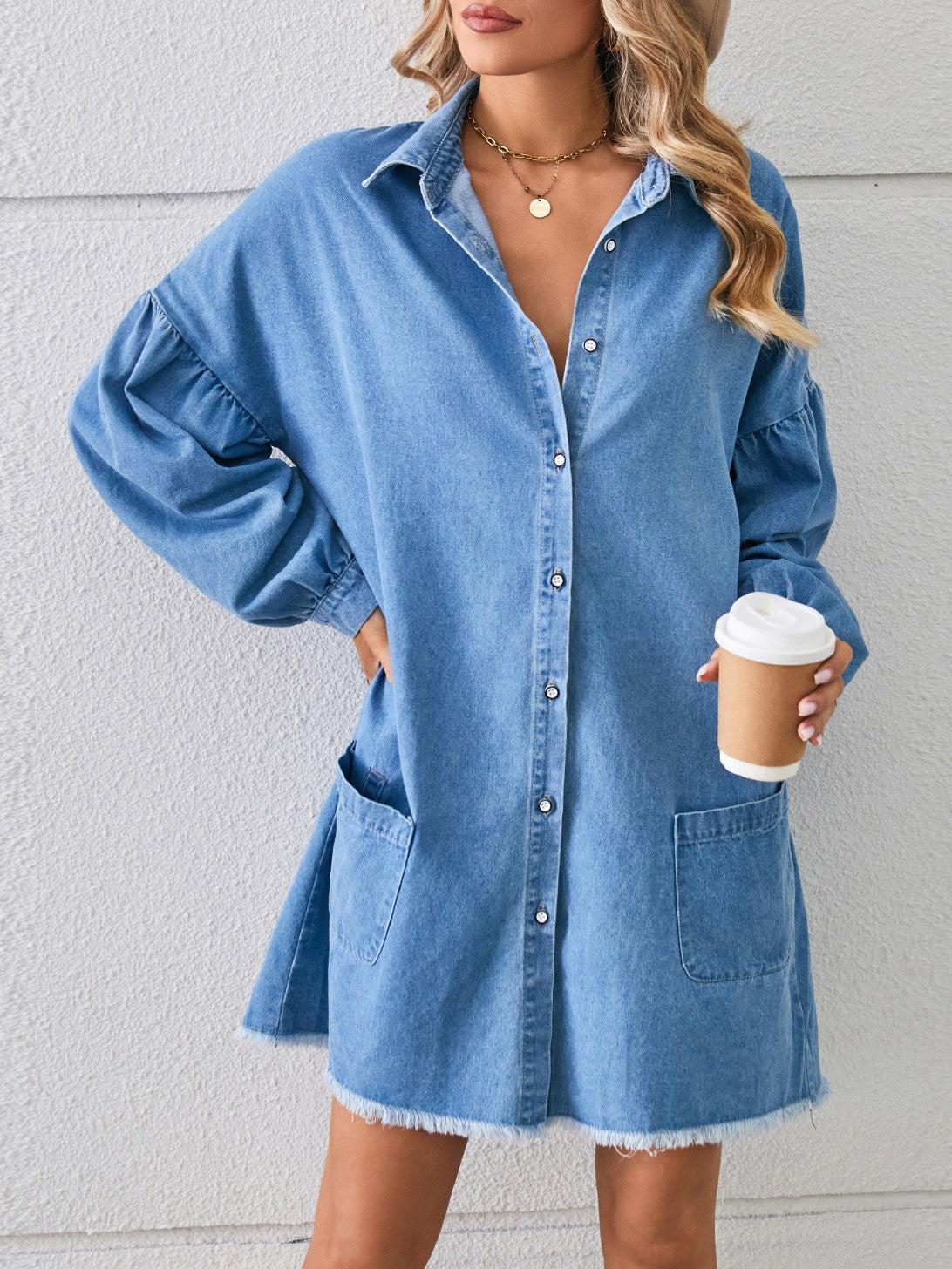 Oversized Patch Pocket Denim Shirt Dress - view 1